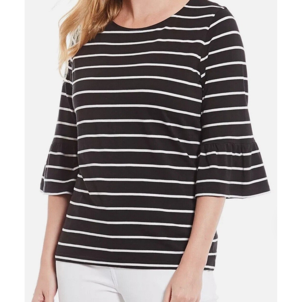Tommy Bahama One Wave‎ or Another Top Womens S Black White Stripe Ruffle Sleeve